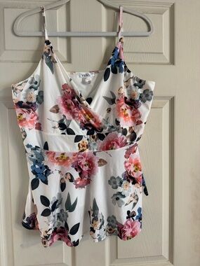 VENUS White Floral Surplice Camisole with Pink & Blue Blooms